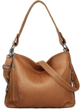 Women's Brown Tassel Genuine Leather Slouchy Purse Crossbody Bag Zipper Pocket